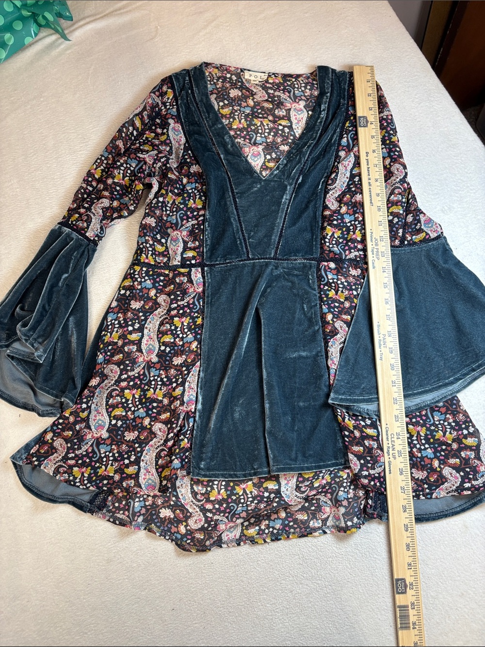 POL Velvet-Panel Paisley Tunic in Teal and Multicolor